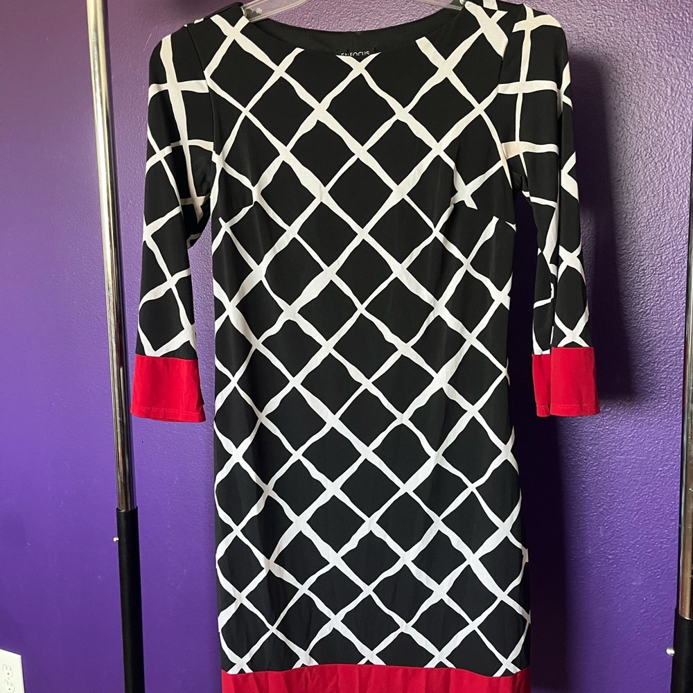 Enfocus Studio Black and White Long Sleeve Dress with Red Accents